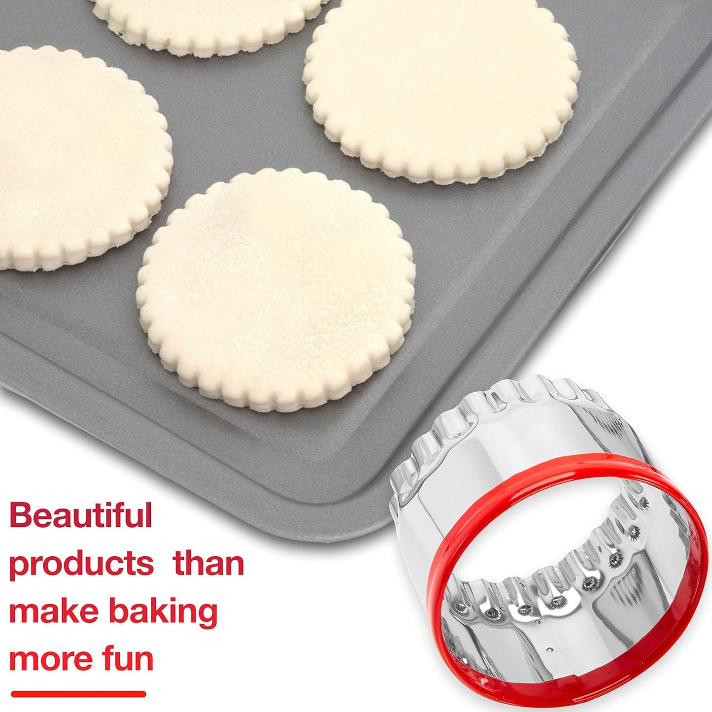 4-Pieces Fluted Round Cookie Cutters, Metal Circle Biscuit Cutters Set, Wave Cookies Cutter with Fluted Edge, Unique Design with Protective Red Top PVC