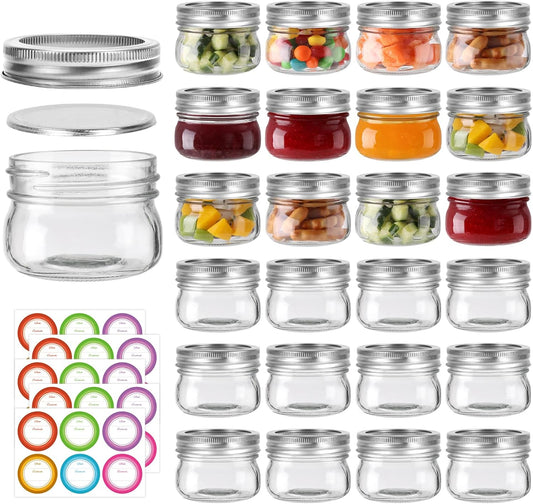 4 oz Mason Jars With Silver Lids and Bands, 24 Pack Regular Mouth Canning Jars for Jam, Honey, Yogurt, Candy, Spices, Snacks, DIY Projects, Wedding Favors- Includes 30 Stickers