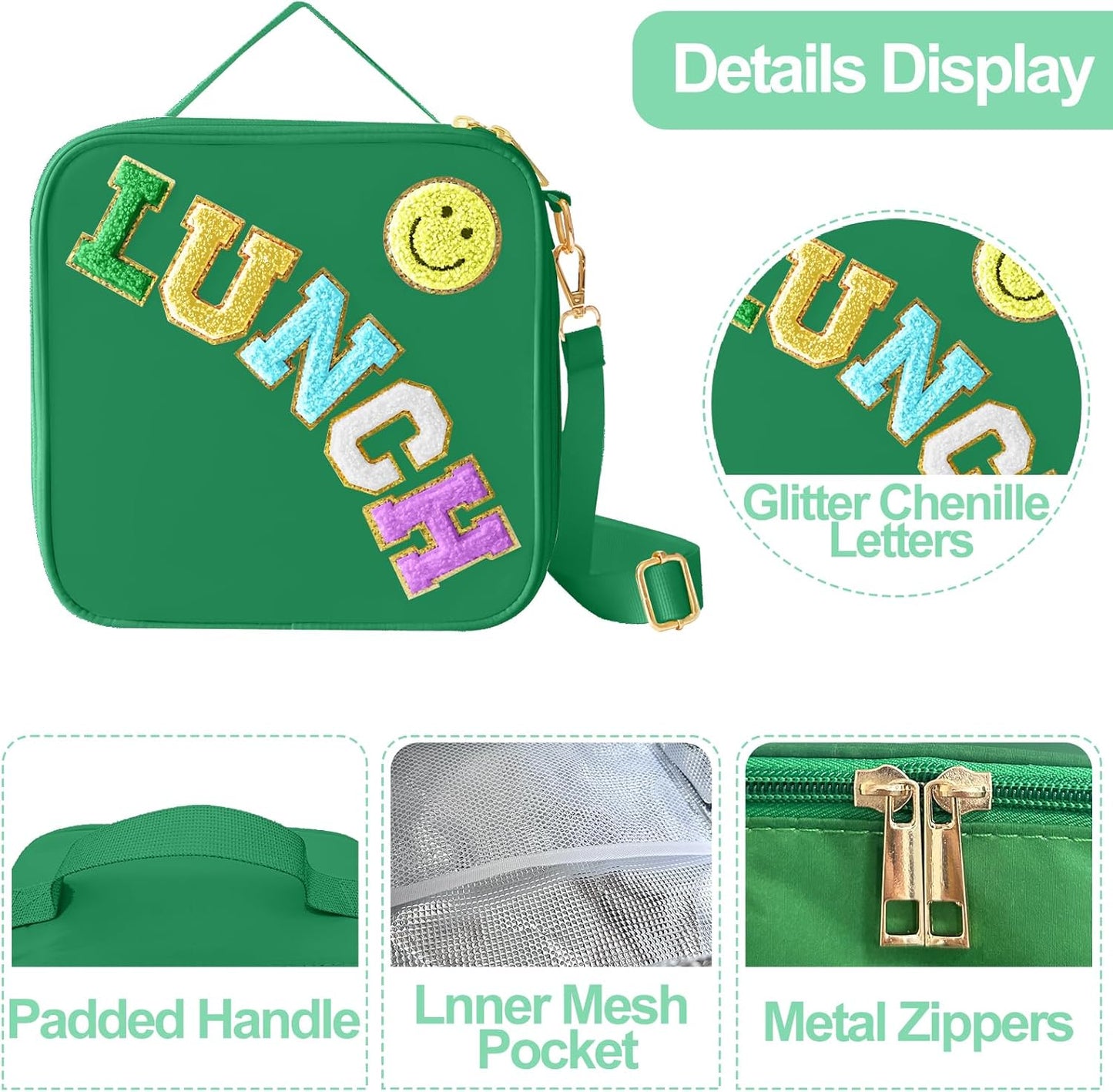 Insulated Lunch Bag With Adjustable Shoulder Strap, Nylon Preppy Lunch Box Large Insulated Lunch Bag Reusable Lunch Tote Bag with Smiley Preppy LunchBag for Girls School Travel Picnic (Dark green)