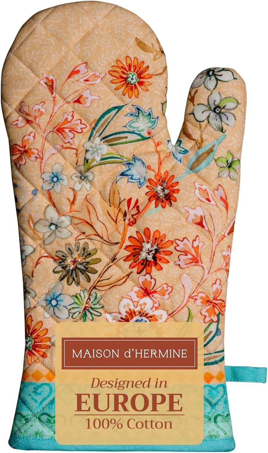 Maison d' Hermine Oven Gloves 100% Cotton Oven Mitt 7" x 13" with Loop Heat Resistant, BBQ, Cooking Gloves, Baking, Grilling, Kitchen, Handling Hot Pans Spring/Summer (Pack of 1, Luxury Loft – Peach)