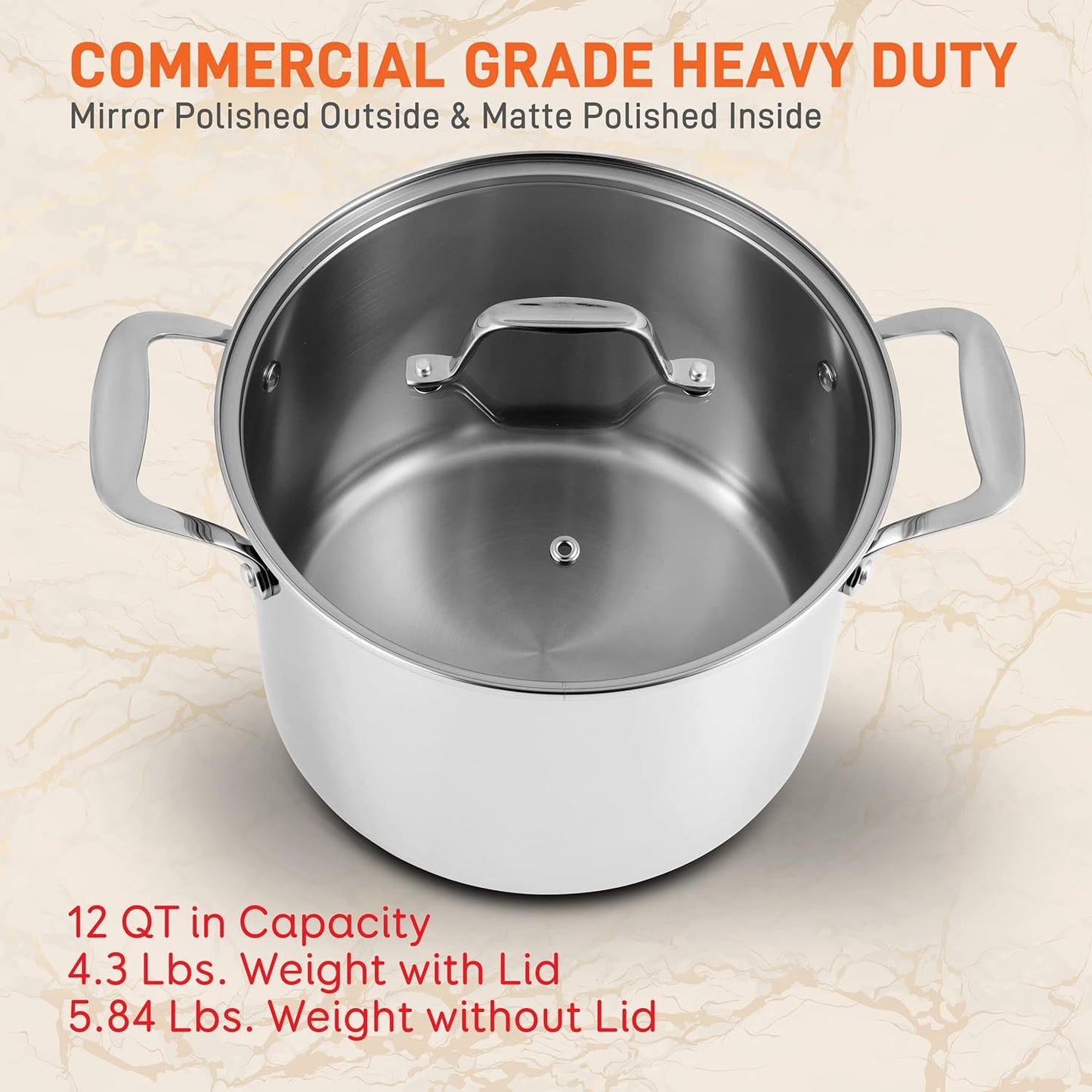 NutriChef 12-Quart Stainless Steel Stock Pot - 18/8 Food Grade Stainless Steel Heavy Duty Induction - Large Stockpot for Stews, Simmering & Soups with See Through Lid, Dishwasher Safe - NCSP12
