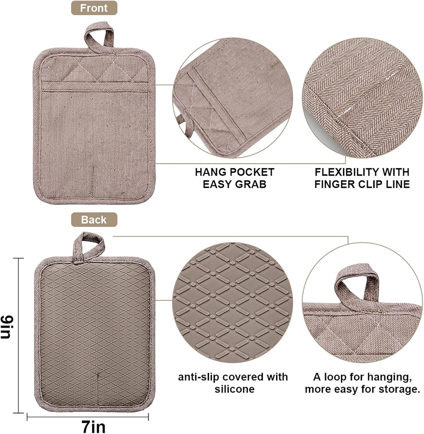 Pot Holders Yarn-Dyed Set of 3 Non Slip Silicone Kitchen Lines Heat Resistant 500℉ Kitchen Gloves BBQ Cooking Baking Cooking Barbecue Microwave Machine Washable (Khaki Pot Holders)