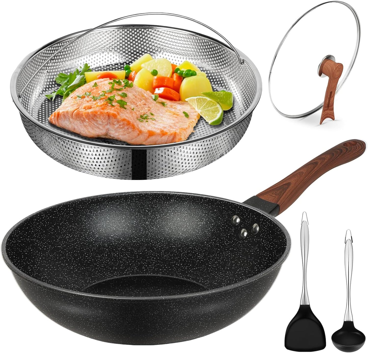 AOSION 13'' Nonstick Wok, Woks & Stir-Fry Pans Non Stick Wok with Lid and Steamer Basket Spatula Ladle, 100% PFOA Free Induction Wok Pan for Electric, Gas, Halogen, All Stoves