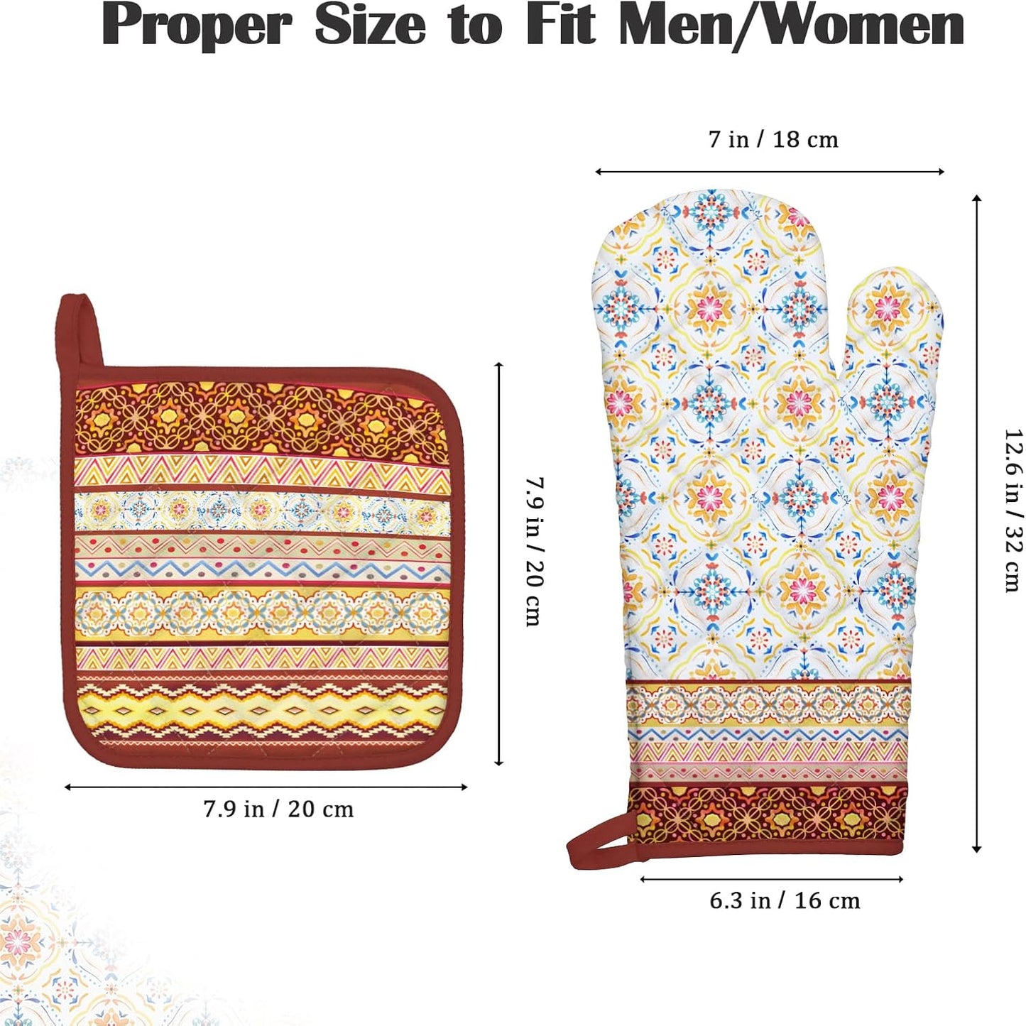 Boho Floral Oven Mitts and Pot Holders Sets 2Pcs, 100% Cotton Heat Resistant, Extra Long Oven Gloves Potholder for Kitchen Cooking Baking Decoration