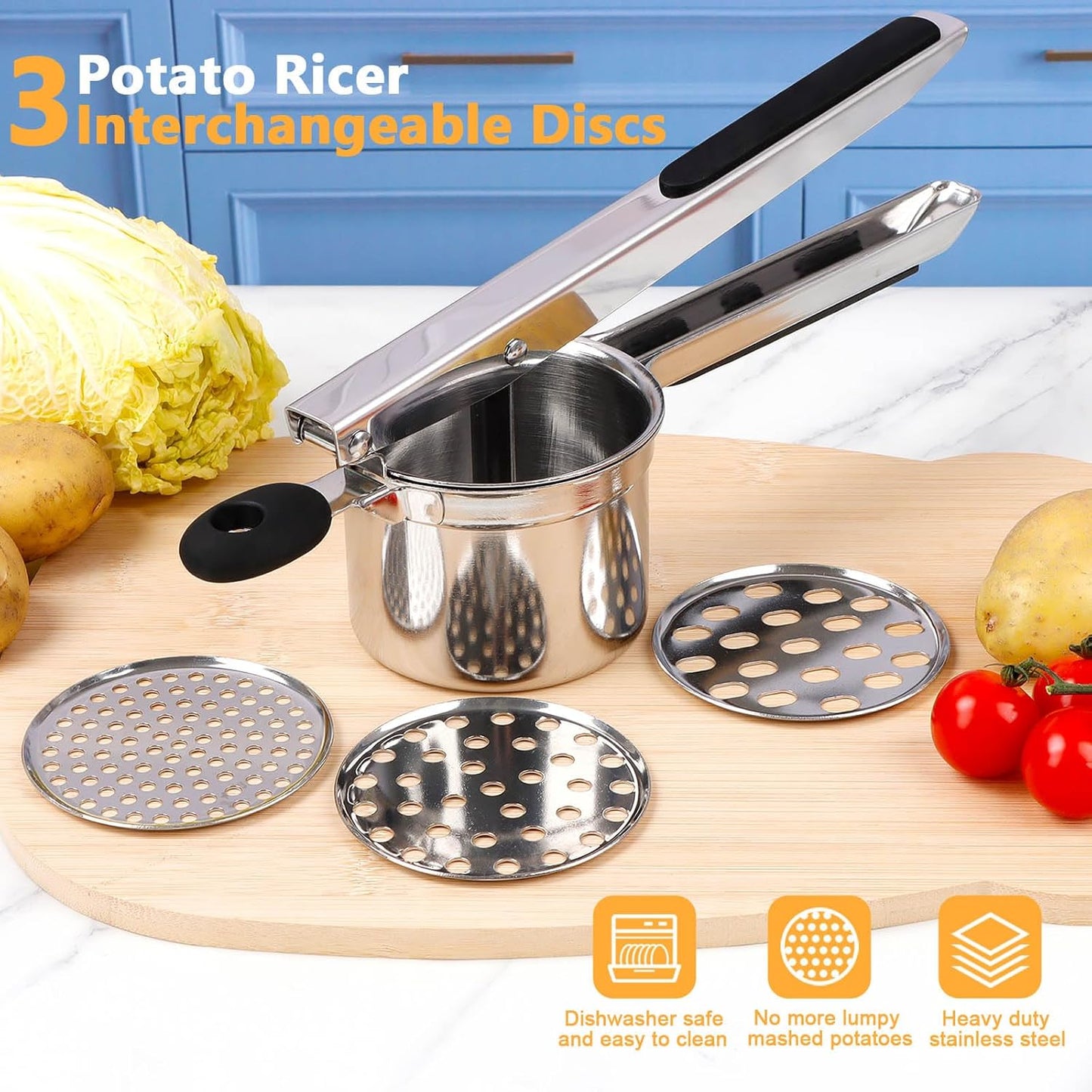 KAYCROWN Potato Ricer With 3 Discs, Heavy Duty Stainless Steel Potato Masher and Ricer for Mashed Potatoes Tool, Lemon Squeezer Spaetzle Maker