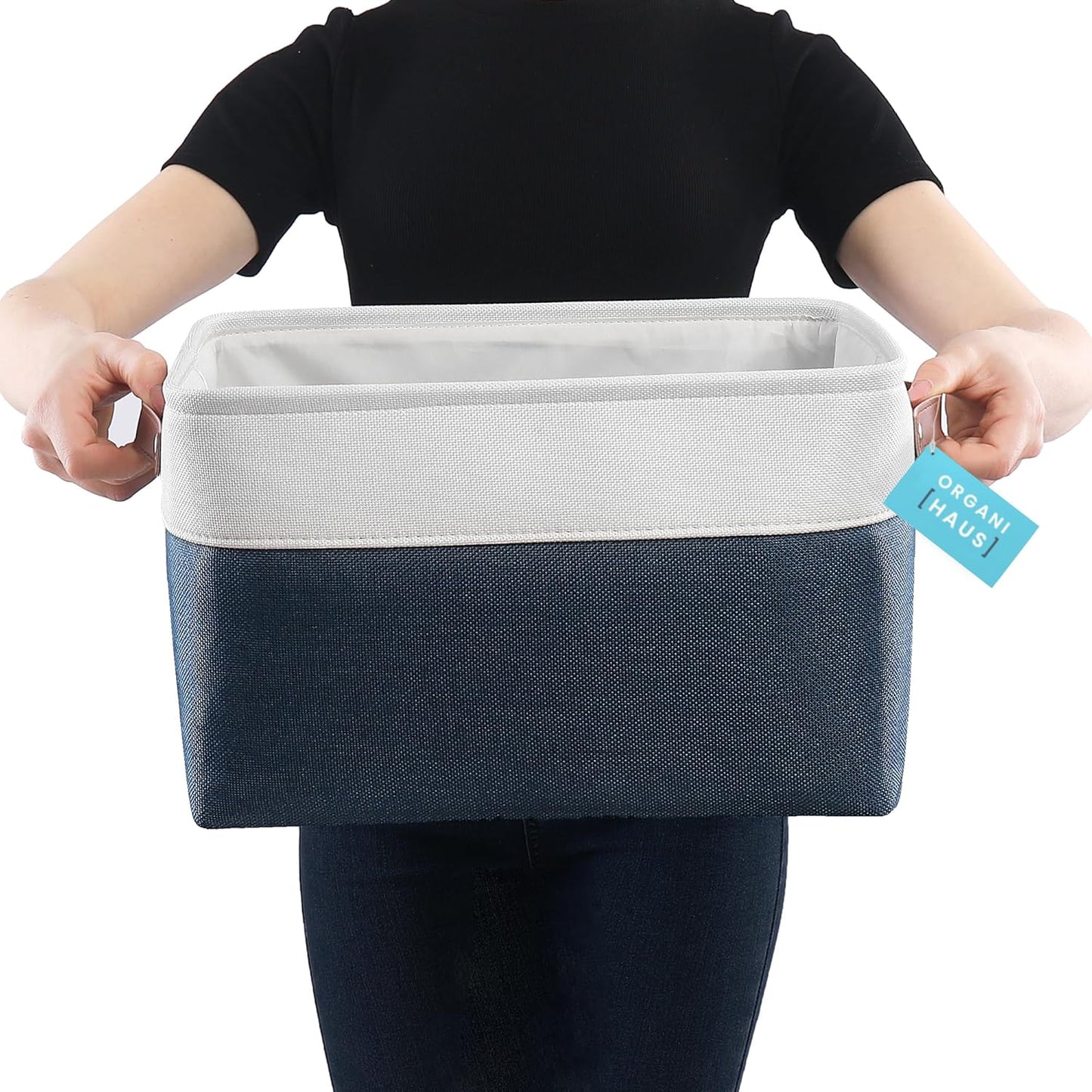 OrganiHaus Large Fabric Storage Bins for Shelves 3 Pack, 15x11in Closet Storage Bins for Shelves, Cloth Baskets & Closet Organizers, Fabric Basket, Navy Blue/White