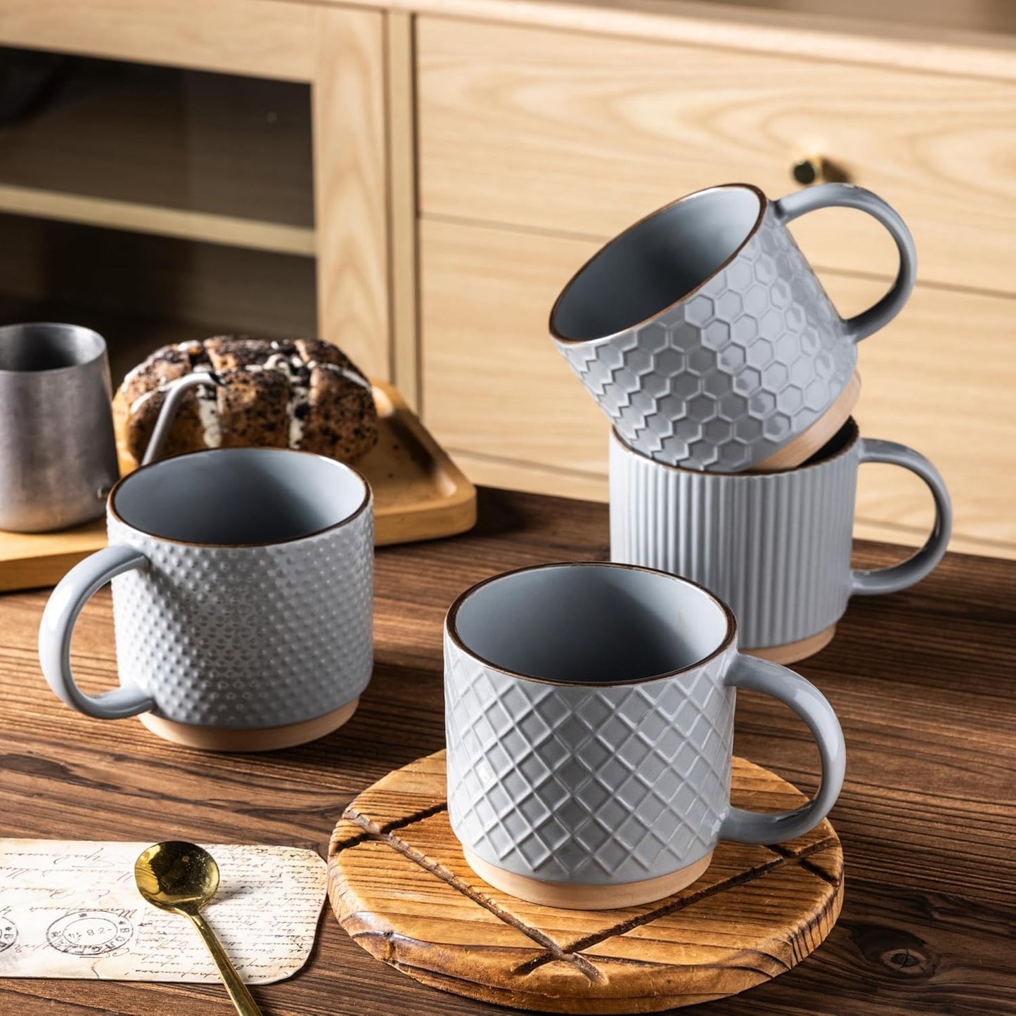 GBHOME 12OZ Stackable Coffee Mugs, Ceramic Coffee Mugs with Texture Patterns for Man,Woman,Dad,Mom, Modern Coffee Cups Set of 4 for Latte/Cappuccino/Cocoa. Dishwasher&Microwave Safe, Gray