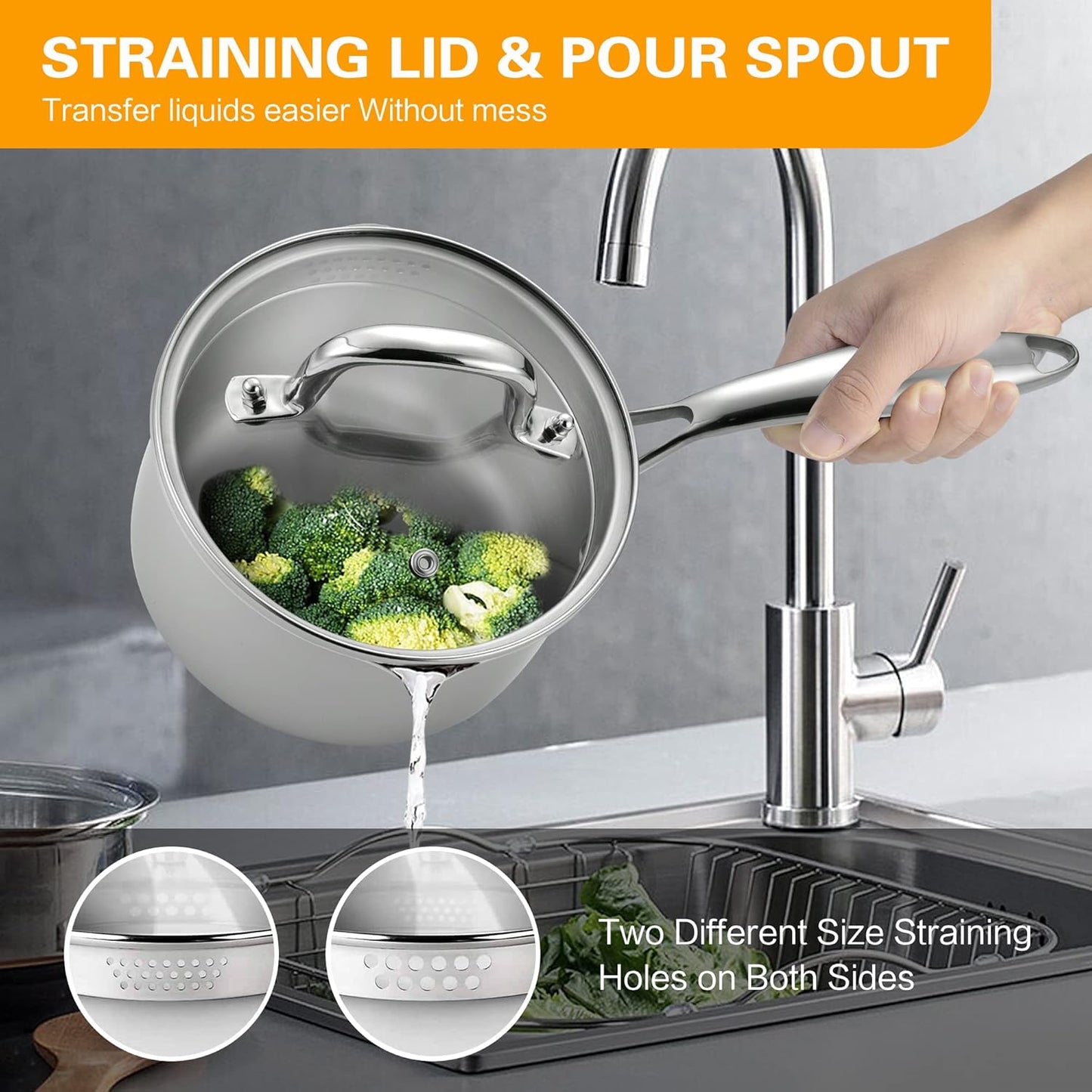 Tri-Ply Stainless Steel Sauce Pan with Steamer Basket & Straining Glass Lid — Heavy-Duty,Thick Base,Rust-Resistant,Warp-Free —100% Food-Grade —Built to Last– Works with All Stovetops, Pasta Pot 3.5 QT