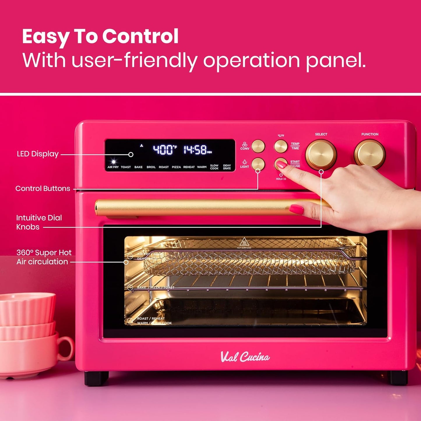 Limited Edition Happy Pink Infrared Heating Air Fryer Toaster Oven, Extra Large Countertop Convection Oven 10-in-1 Combo, 6-Slice Toast, Enamel Baking Pan Easy Clean with Recipe Book
