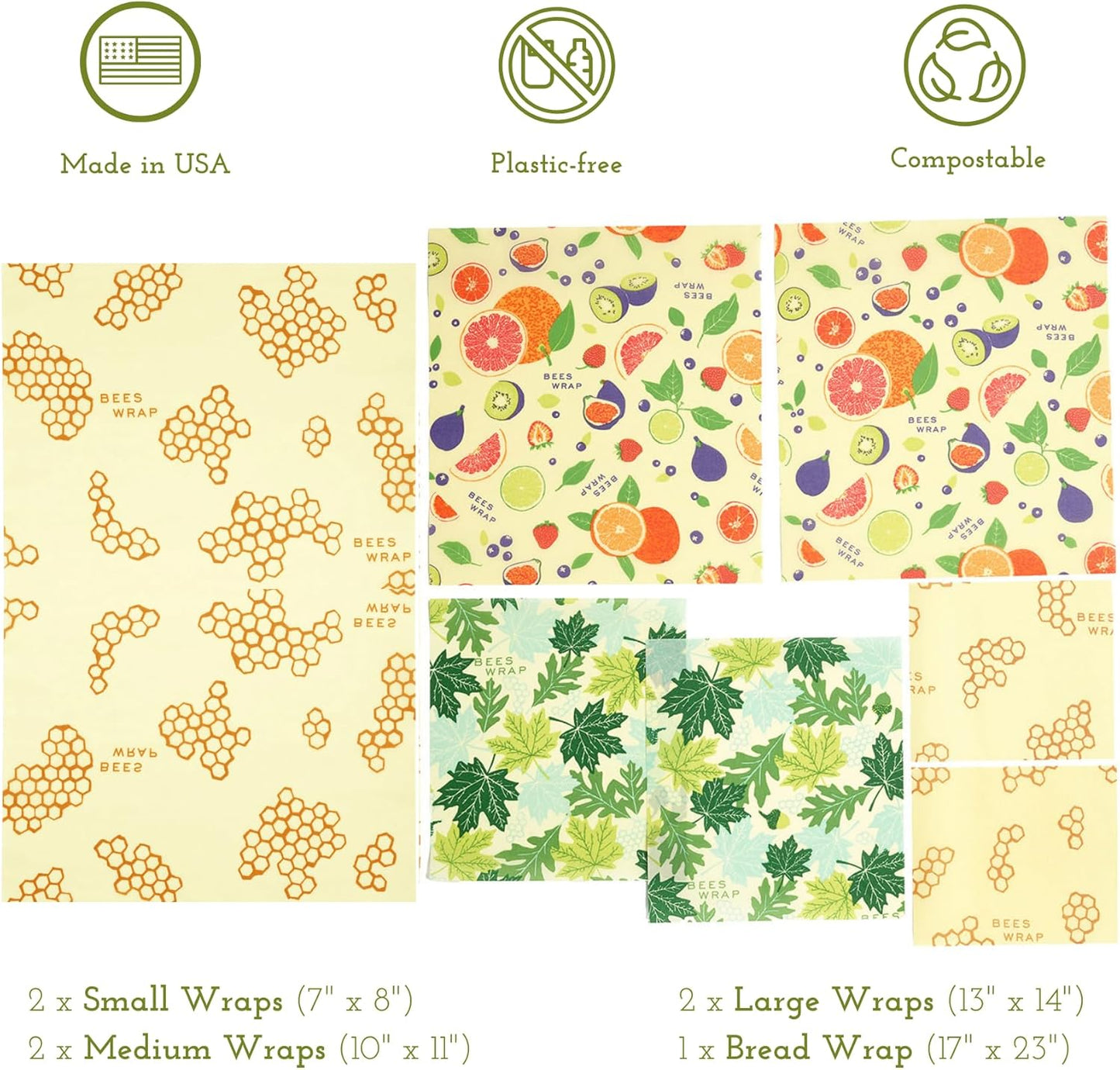 Bee's Wrap Beeswax Wraps for Food - Assorted 7 Pack (2S, 2M, 2L, & 1 Bread) Made in USA Reusable & Organic Food Wraps & Bowl Covers - Eco-Friendly Alternative to Aluminum Foil & Plastic Wrap