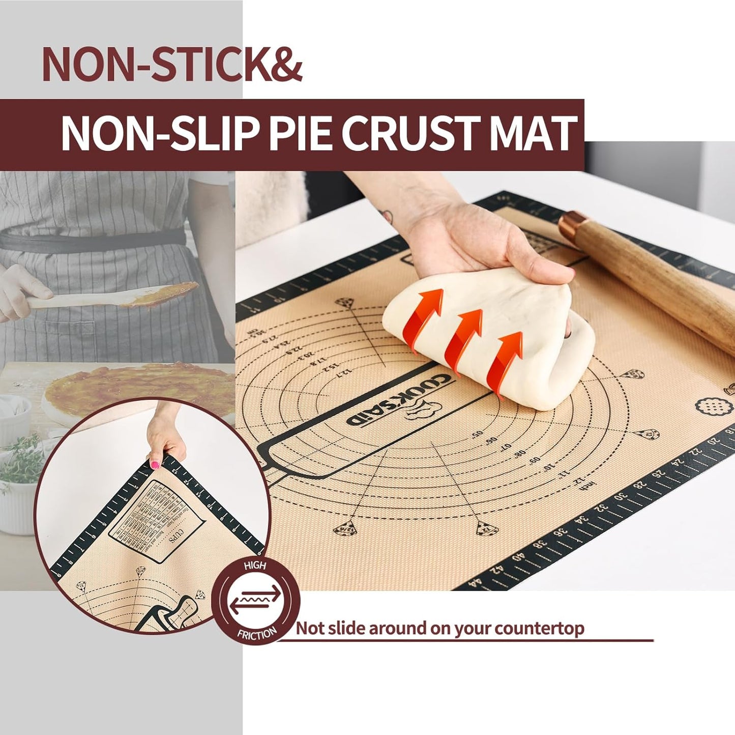 Cook's Aid Silicone Pastry Mat Extra Large with Measurements 26''x16'' for Reusable,Non-slip Silicone Baking Mat, Counter, Dough Rolling, Oven Liner,Fondant/Pie Crust,Dark Gray