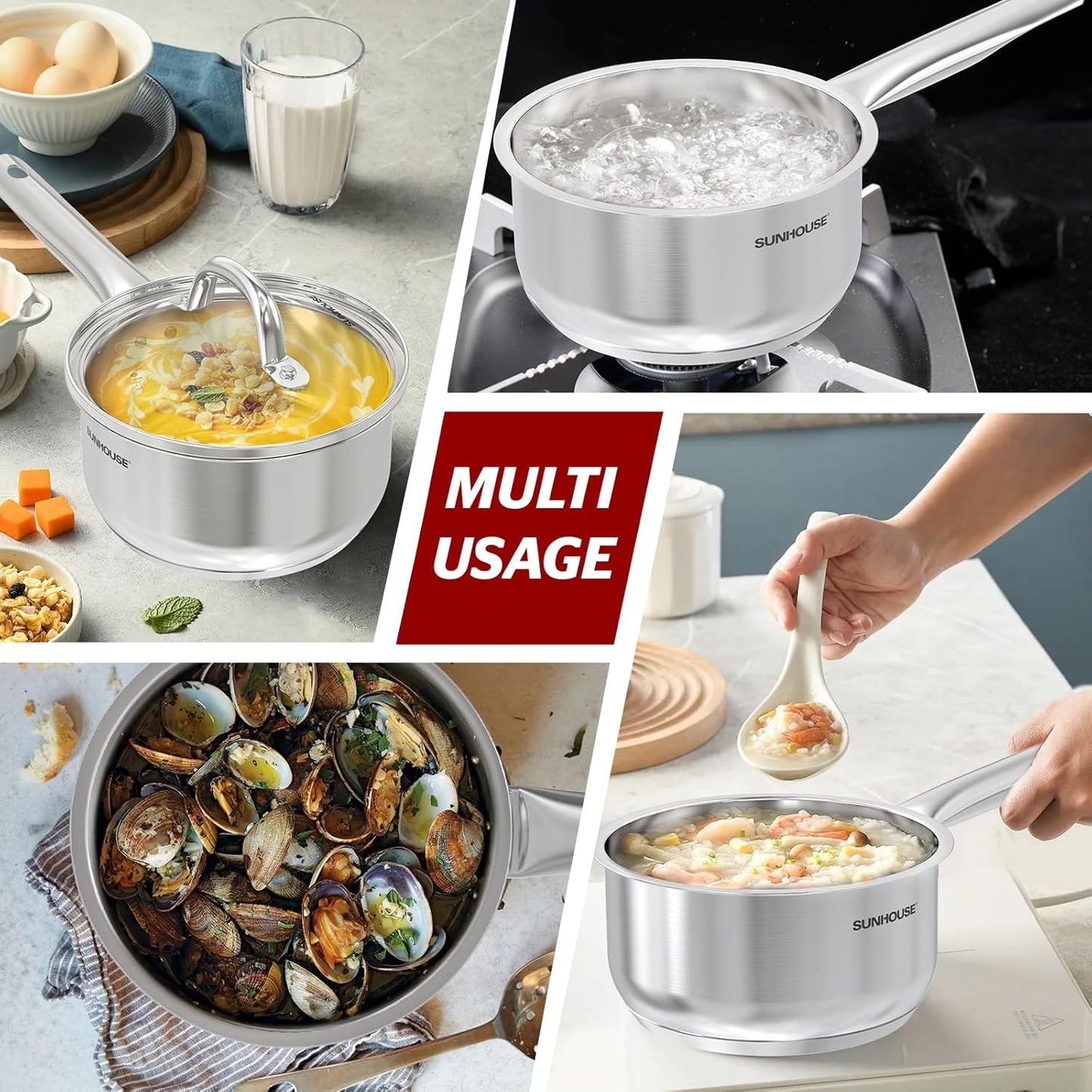 SUNHOUSE – 2 Quarts Stainless Steel Sauce Pan with Lid - PFOA-FREE, Stainless Steel Sauce Pan, Advanced Impact Bonding Induction Base, Stay-Cool Handle, Compatible with All Cooktops