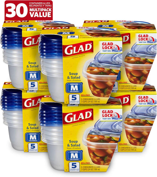 Glad Soup & Salad Food Storage Containers, Medium Rectangle (24 Oz) - (Pack of 6, 30 Count) | Strong and Durable Food Containers from Glad for Everyday Use | 24 Oz Food Storage Containers
