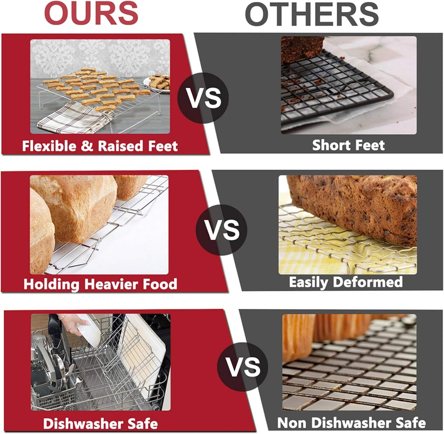 P&P CHEF 3-Tier Cooling Rack Set, Stackable Stainless Steel Baking Cooling Roasting Cooking Racks for Cake, Pastry, Bread, Meat, Bacon, Collapsible & Thick Wire, Oven Safe, 15" x10", Silver