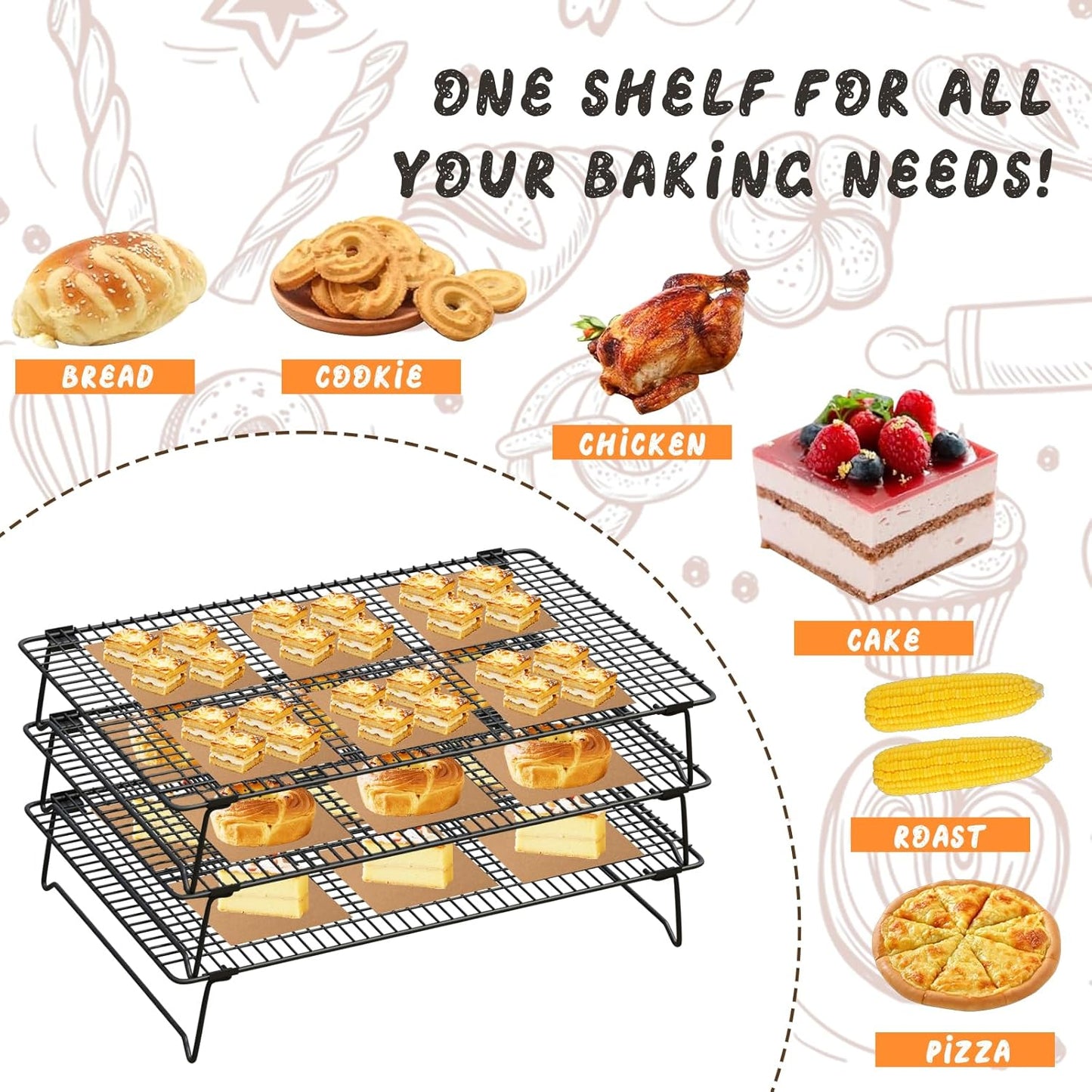 SHOUNAJIA Cooling Rack for Cooking and Baking, 3-Tier Stackable Wire Cooling Rack with Legs for Cooling Cookie, Pizza, Cake, Baking Paper 100 Pcs, 17" x 11", L