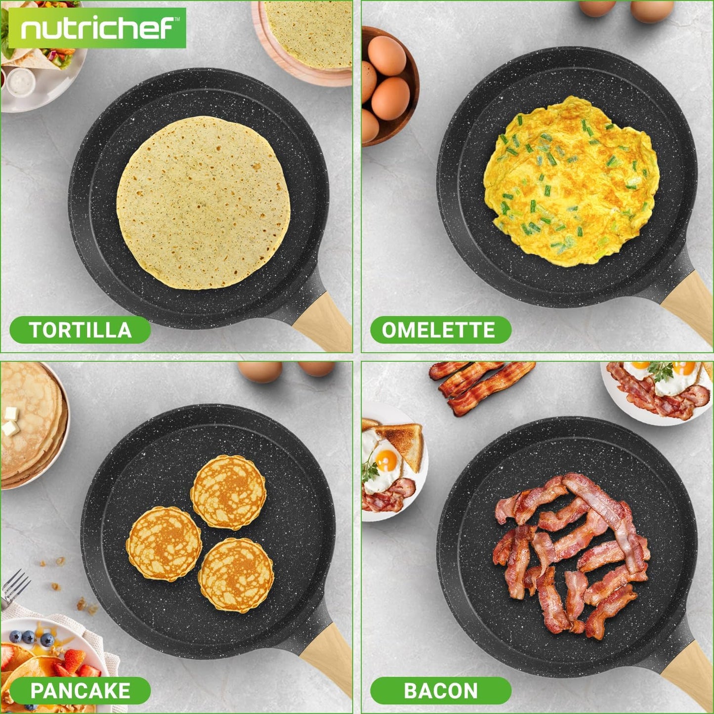 NutriChef 11” Non-Stick Crepe Pan with Wooden Spreader, Durable Marble Coated Dosa Pan, Bakelite And Wood Handle With Induction Bottom, Easy-to-Clean, Stain-Resistant (Black Marble)