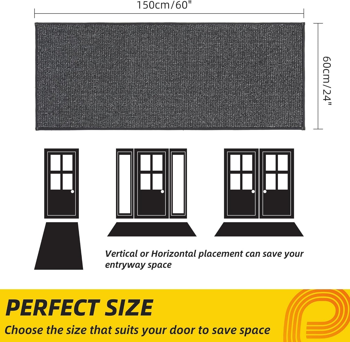 JSEI Dirt Trapper Door Mat 24"x60" Non-Slip Washable Entrance Mat, Dog Doormats, Absorbent & Fade-Resistant Floor Mats, Low Profile Welcome Mats for Entryway, Front Door, and Inside Entrance,Dark Grey