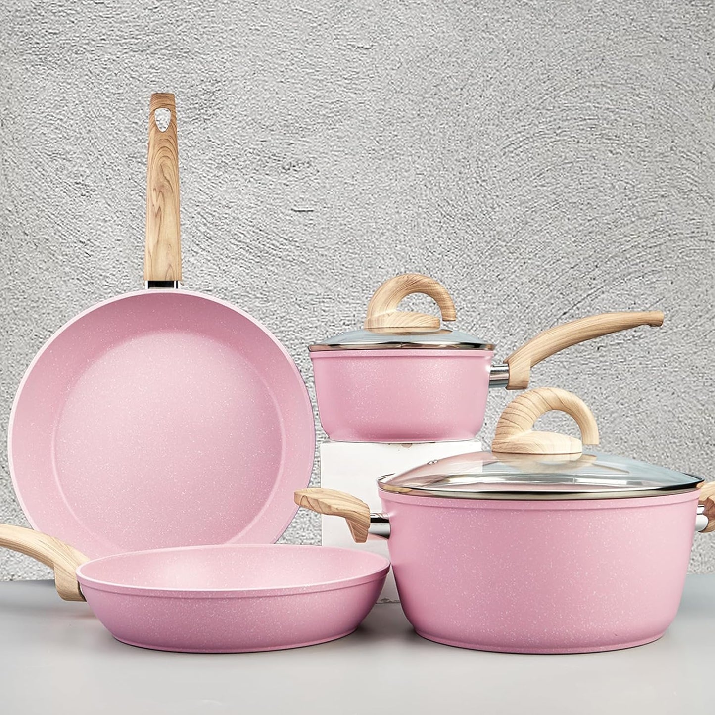 Pink Pots and Pans Set Non Stick, Ceramic Cookware Set with Granite Pattern Kitchen Cooking Sets Induction Pot and Pan w/Frying Pans, Saucepans, Casserole, Non-Toxic, PTFE/PFOA/PFOS-Free