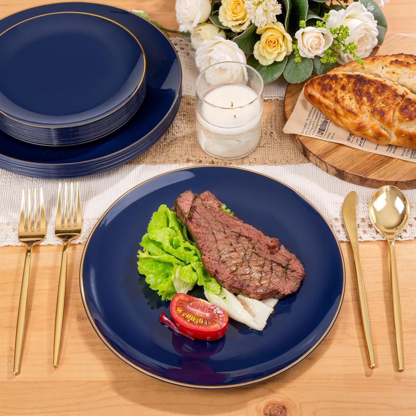 PULOTE 200 Pieces Blue Plastic Plates - Navy Blue and Gold Disposable - Include 100PCS 10 inch Dinner & 100PCS 7 inch Dessert Plate for Party