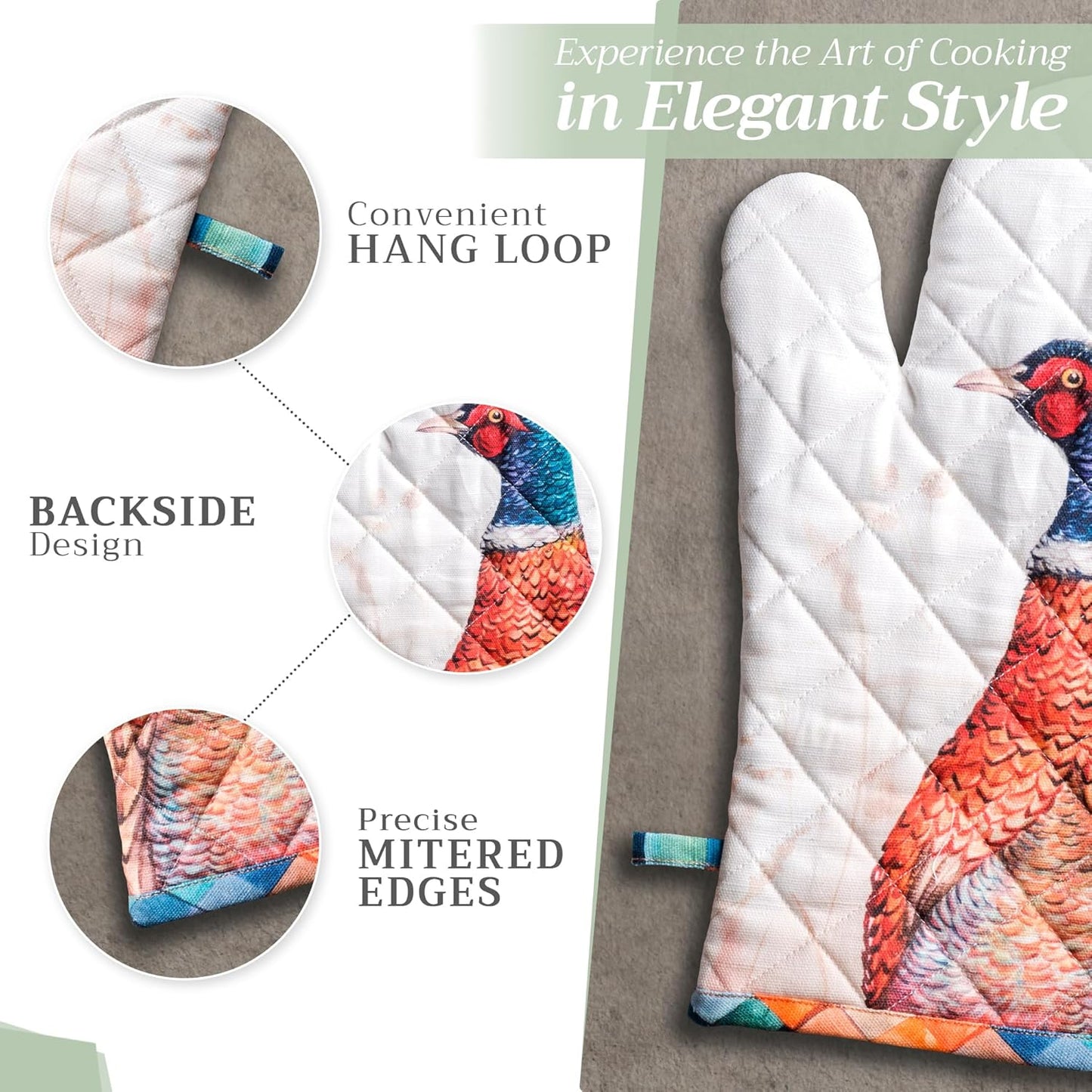 Maison d' Hermine 100% Cotton Oven Mitt & Pot Holder Set (7.5"x13" & 8"x8") Heat Resistant BBQ Cooking Gloves with Loop, Baking, Grilling, Kitchen, Handling Hot Pans (Faisan D'Automne)