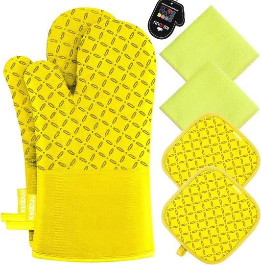 KEGOUU Oven Mitts and Pot Holders 6pcs Set, Kitchen Oven Glove High Heat Resistant 500 Degree Extra Long Oven Mitts and Potholder with Non-Slip Silicone Surface for Cooking (Yellow)