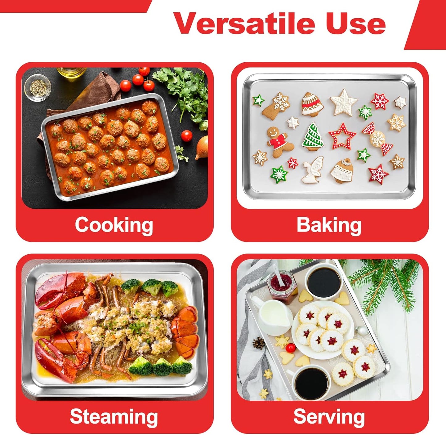 Cookie Sheets for Baking, Stainless Steel Baking Sheet Baking Pan Tray - 12.4 x 10 x 1 Inch, Non Toxic & Healthy, Mirror Finish & Easy Clean, Dishwasher Safe & Heavy Duty