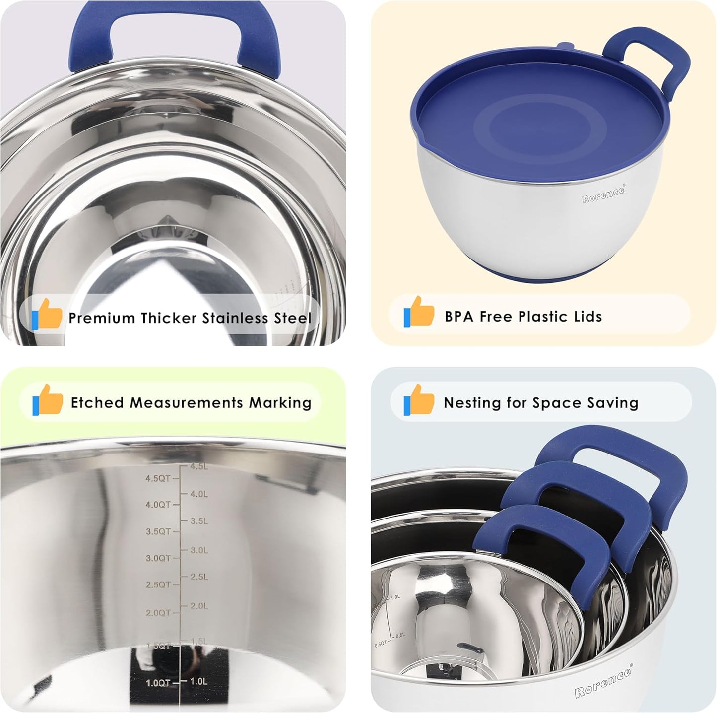 Rorence Stainless Steel Mixing Bowls: Stackable Mixing Bowl Set with Lids and Handles Non-slip Silicone Bottom Nesting Bowls for Kitchen Set of 3 - Blue