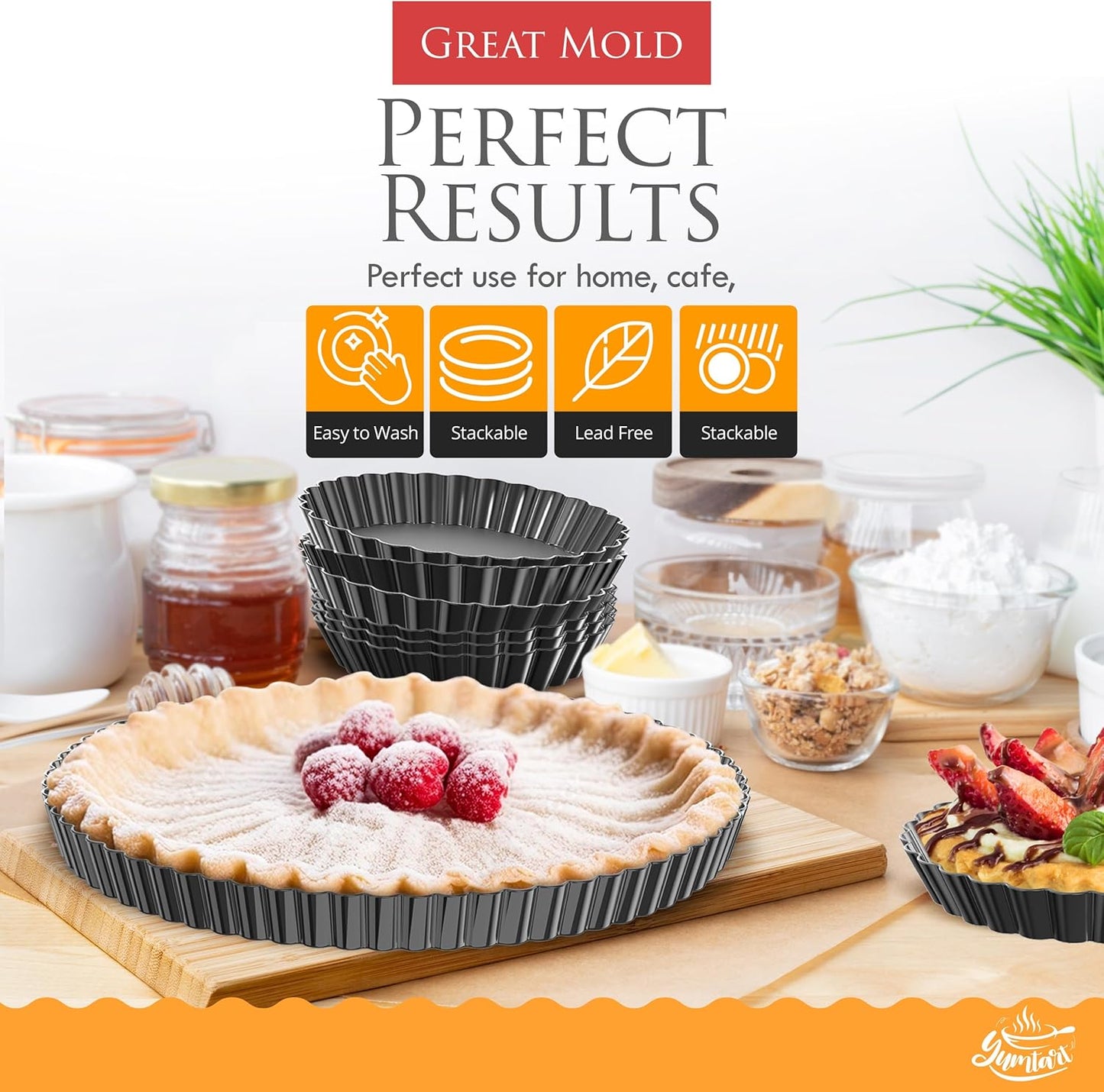 Bundle Pack 9" and 4" Mini Tart and Quiche Pan Combo, False Bottom, Deep Fluted Tart and Quiche with Removable Bottom - Non-Stick