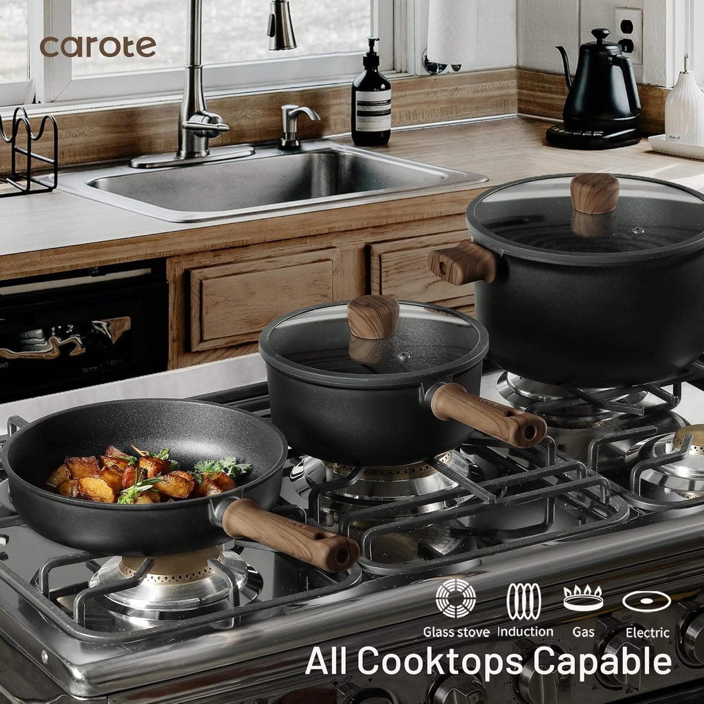 CAROTE Nonstick Pots and Pans, Induction Cookware Set 16pcs Kitchen Cooking Sets, Pot and Pan Non Stick w/Frying pan (PFOS, PFOA Free)