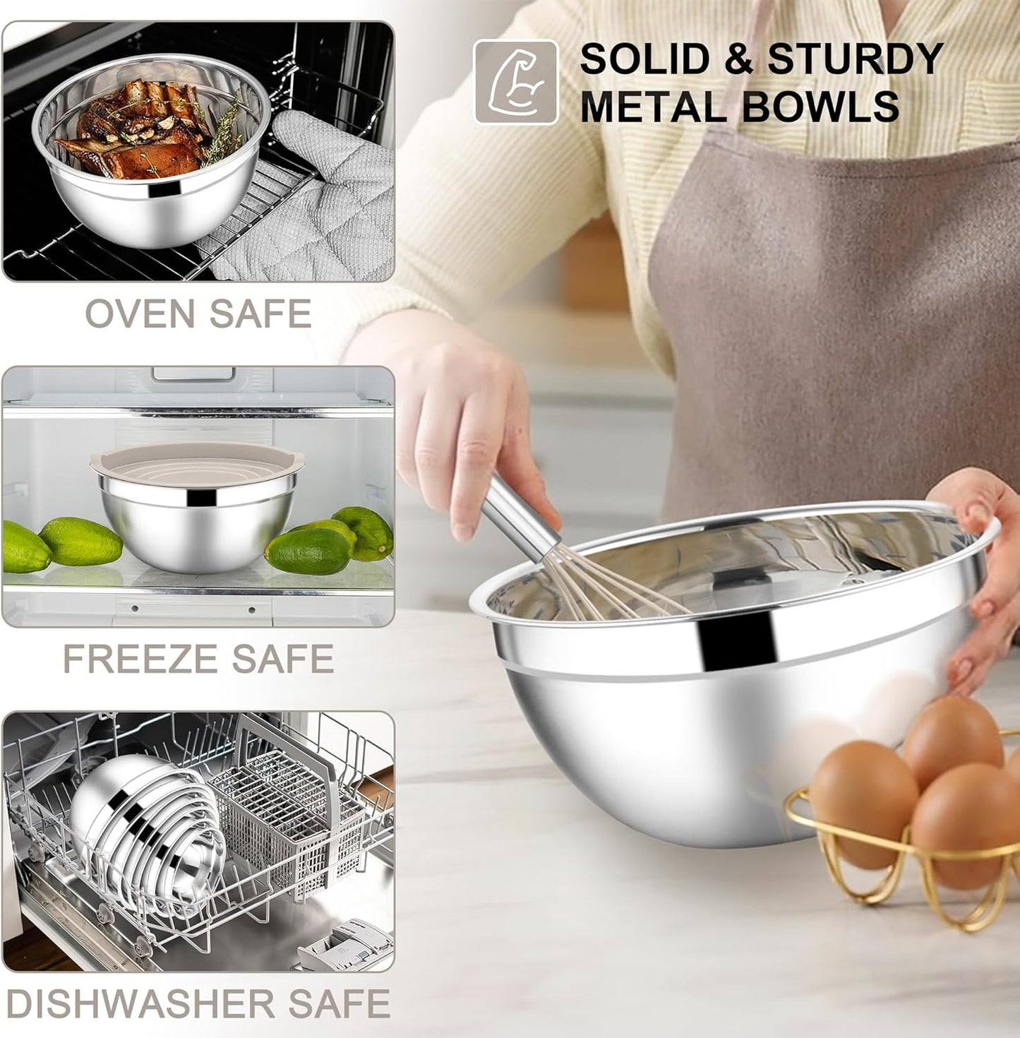 E-far Mixing Bowls with Lids Set, 7-Piece Stainless Steel Metal Mixing Bowls with Grater Attachments, Size 4.6, 3.5, 2.6, 2, 1.5, 1, 0.7QT, Nesting Design & Khaki Airtight Lids, For Cooking/Serving