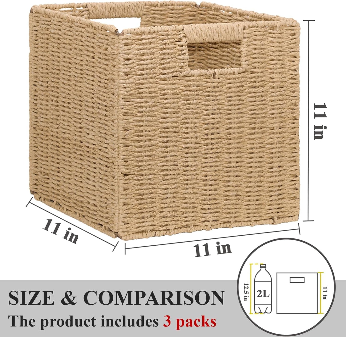 Wicker Storage Baskets for Organizing, 3 Pack Rustic Foldable Square Basket for Shelves, Handwoven Cubby Organizer Bins for Home Decor, Small Cube Storage Bin for Closet Organization (Natural 11 inch)