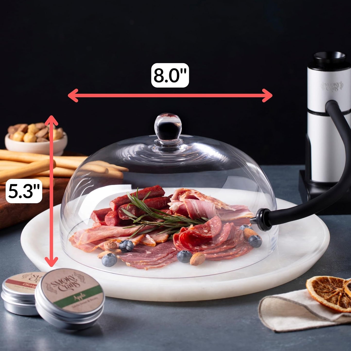 Food and Drink Smoker Kit with Smoke Gun, 8" Smoking Cloche Glass Dome, Acacia Cocktail Smoke Top and Wood Chips (Apple & Cherry) - Whiskey Smoker Kit - Gifts for Men (Torch Not Required)