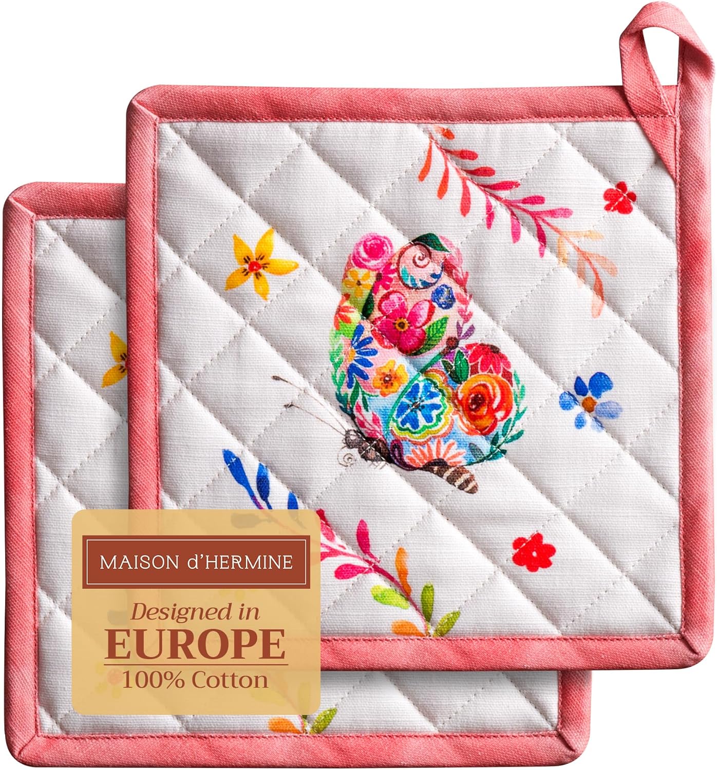 Maison d' Hermine Pot Holders Set 100% Cotton Heat Resistant Potholders 8" x 8" Hot Pads with Loop Cooking, Grilling, Kitchen, Handling Hot Pans Spring/Summer (Pack of 2, Happy Florals - High Summer)