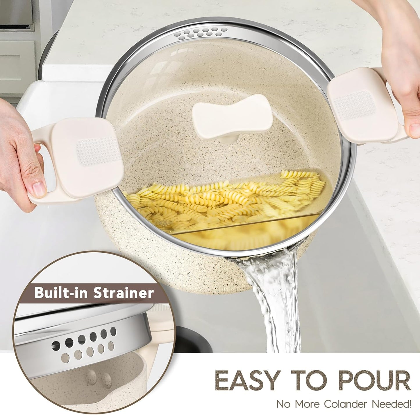 MICHELANGELO Pasta Pot with Strainer Lid - 6 Quart Multipurpose Pot with Twist and Lock Handles, Nonstick Soup Pot with Granite Coating, Induction Compatible, White