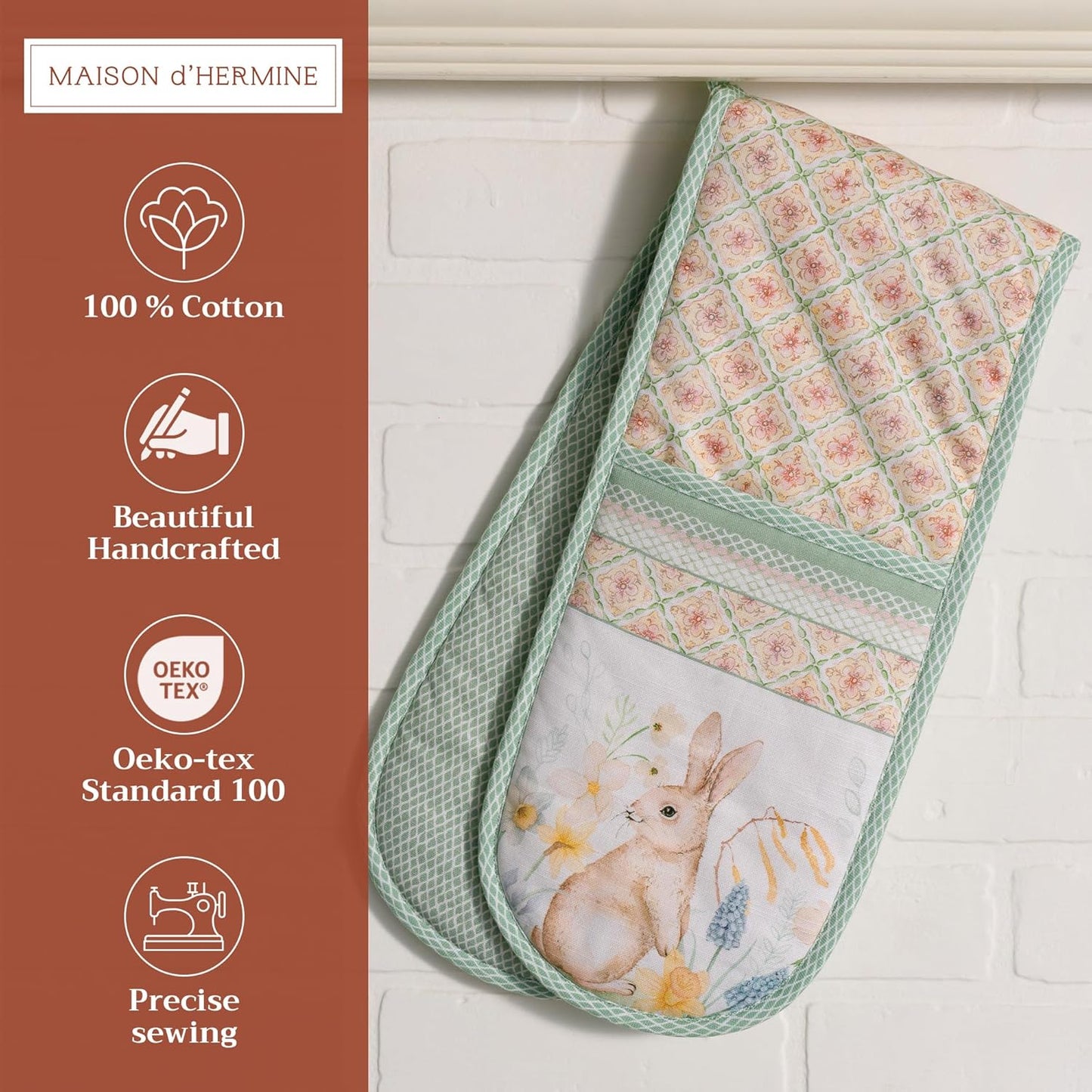 Maison d' Hermine Double Oven Mitts 100% Cotton 7"x35" Double Oven Mitt Heat Resistant BBQ Cooking Gloves with Loop, Baking, Grilling, Home, Kitchen, Handling Hot Pans Spring Summer (Easter Dew)