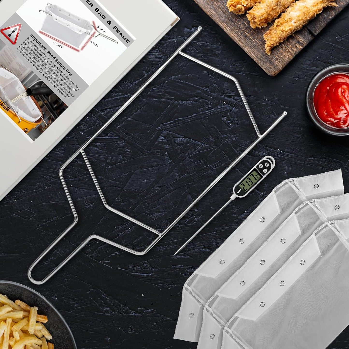 Fryer Filter Bag & Frame Set, Reusable Oil Strainer for 70 lb Cooking Oil, Fine Mesh to Capture Crumbs, Durable for Home & Commercial Use, with 1 Professional Food Thermometer