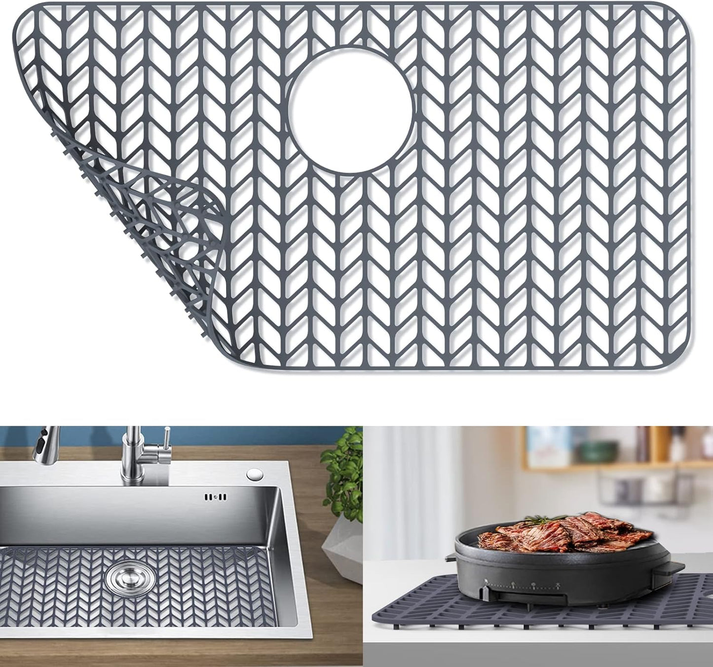 GUUKIN Sink Protectors for Kitchen Sink, 26''x 14'' Silicone Kitchen Sink Mat Grid for Bottom of Farmhouse Stainless Steel Porcelain Sink with Rear Drain (Grey)