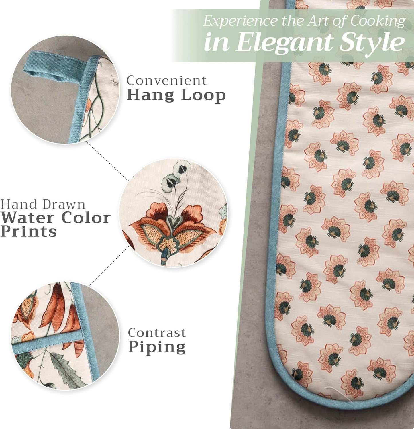 Maison d' Hermine Double Oven Mitts 100% Cotton 7"x35" Double Oven Mitt Heat Resistant BBQ Cooking Gloves with Loop, Baking, Grilling, Home, Kitchen, Handling Hot Pans (Dalida)