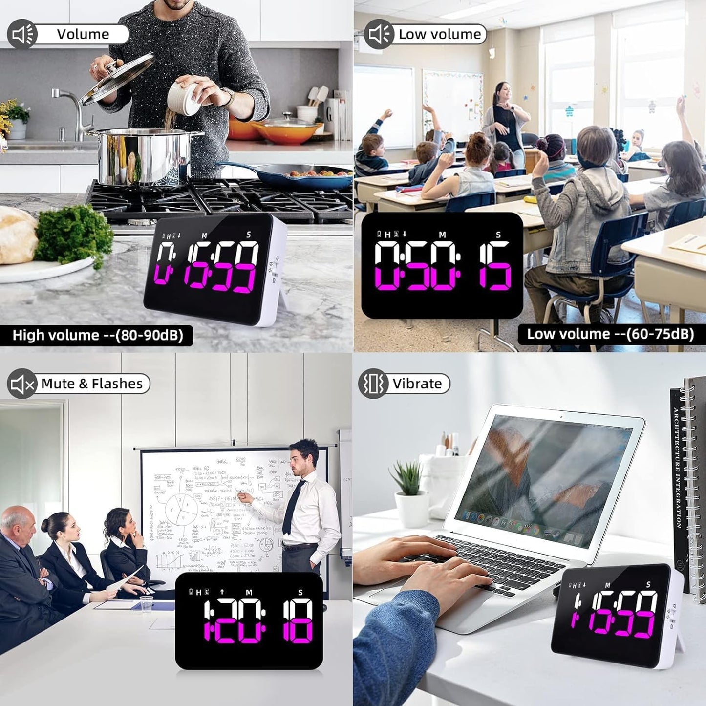 Kitchen Digital Timer, Count Down Up, Rechargeable, Vibration Mode Adjustable Volume and Brightness LED Display, Time Management Cook, Desk, Kids Adults Study Teaching, Kitchen Gadgets