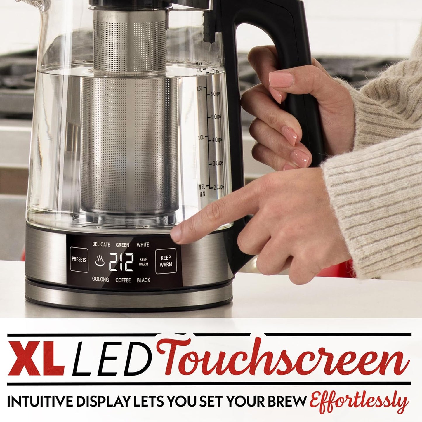 Gourmia Programmable Digital Glass Kettle – 1.7L Adjustable Temperature Electric Kettle with 6 Presets, Keep Warm, Stainless Steel Tea Infuser, 360° Swivel Base - Black