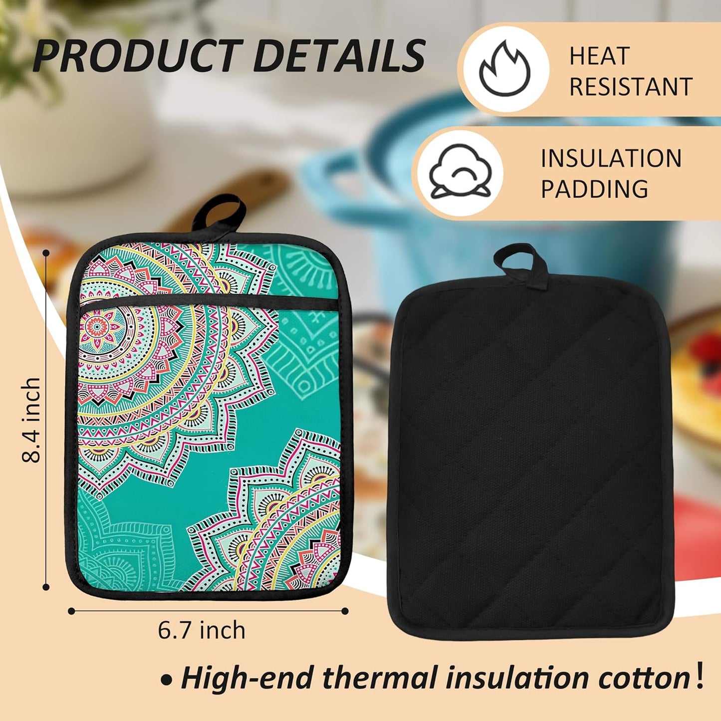 Turquoise Abstract Mandala Floral Pot Holders for Kitchen, Boho Colorful Ethnic Flower Botanical Heat Resistant Hot Pads and Oven Mitts for Baking Cooking，379 potholder