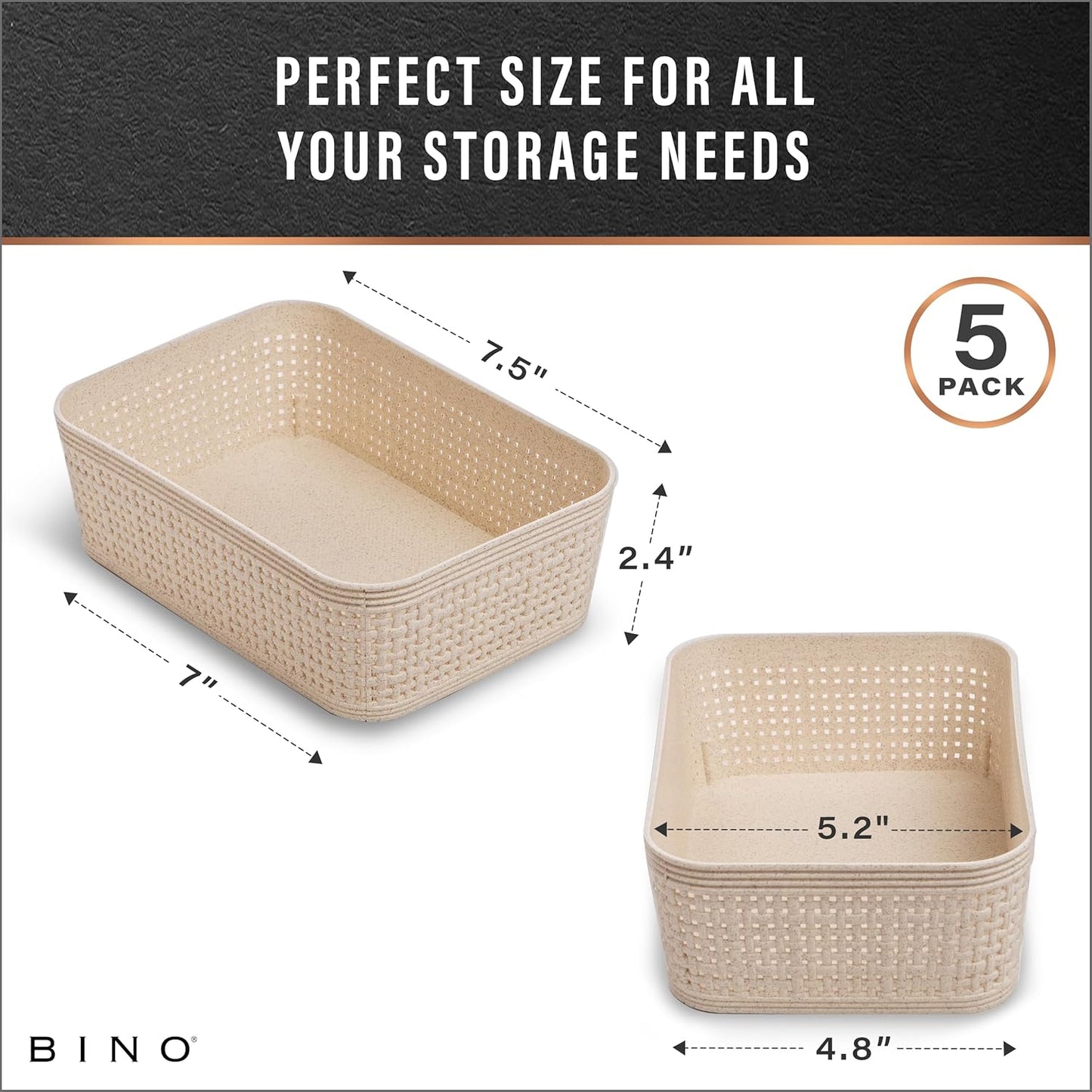 BINO | Woven Plastic Basket | XS (Natural), 5-Pack | THE JUTE COLLECTION | Home Organization, Space - Saving Storage, Stylish Design | Jute Basket | Plastic Storage Basket