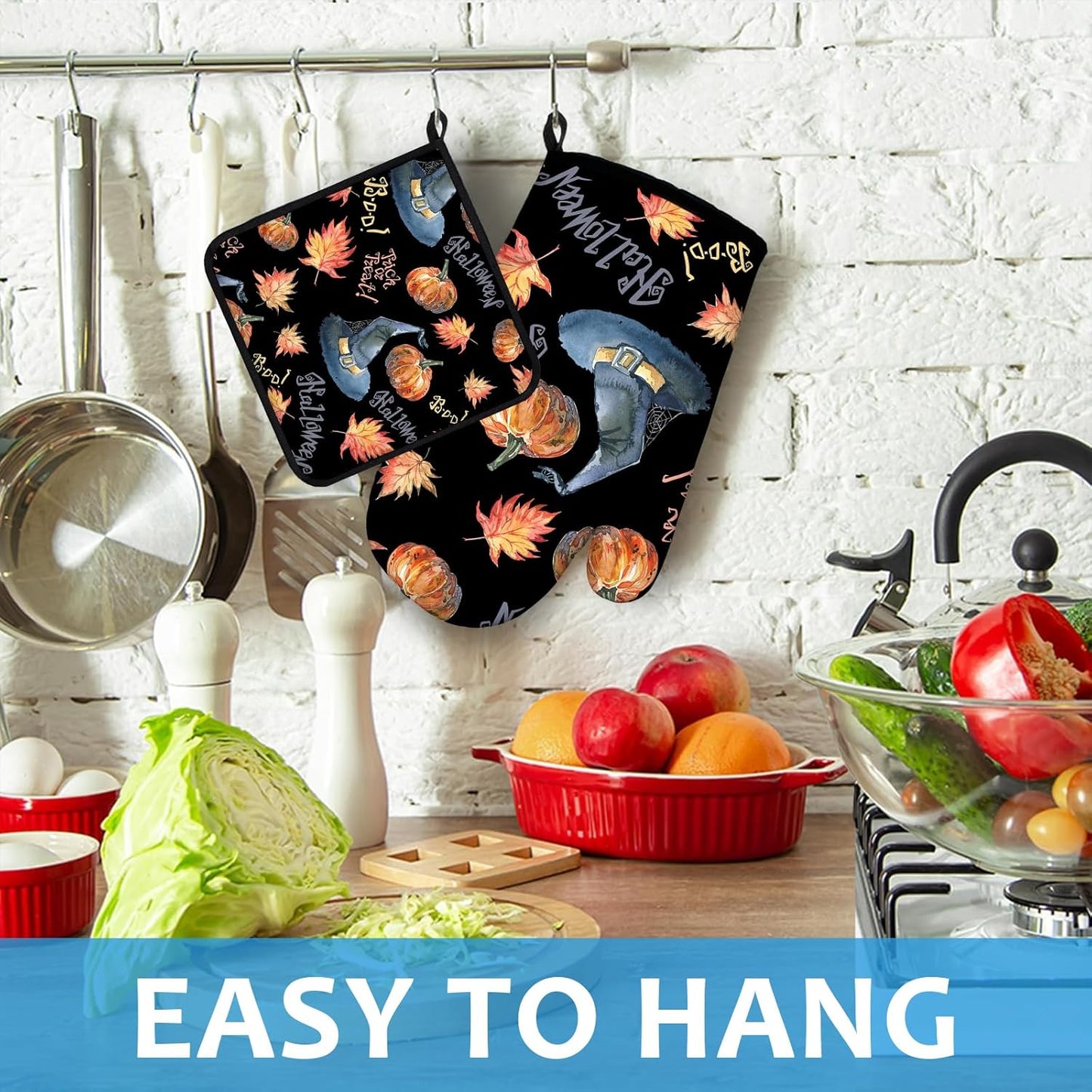 Halloween Pumpkin Autumn Maple Leave Oven Mitts and Pot Holders Sets Heat Resistant 4Pcs Potholders Oven Gloves Hot Pads for Kitchen Baking Cooking Grilling BBQ