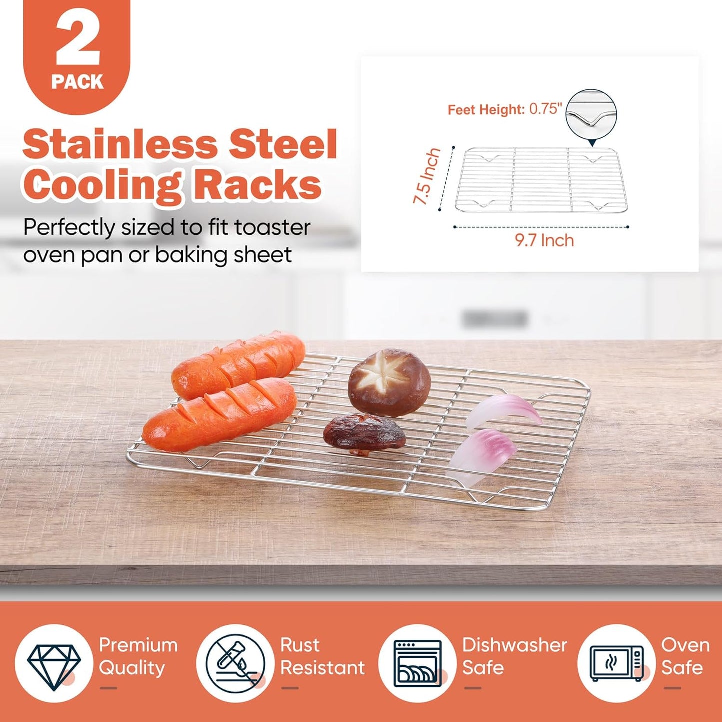 2 Pack Small Baking Cooling Racks, Homikit 9.7 * 7.5 Inch Stainless Steel Wire Rack for Cooking Roasting Grilling, Fit for Toaster Oven Pan, Non-toxic & Heavy-Duty