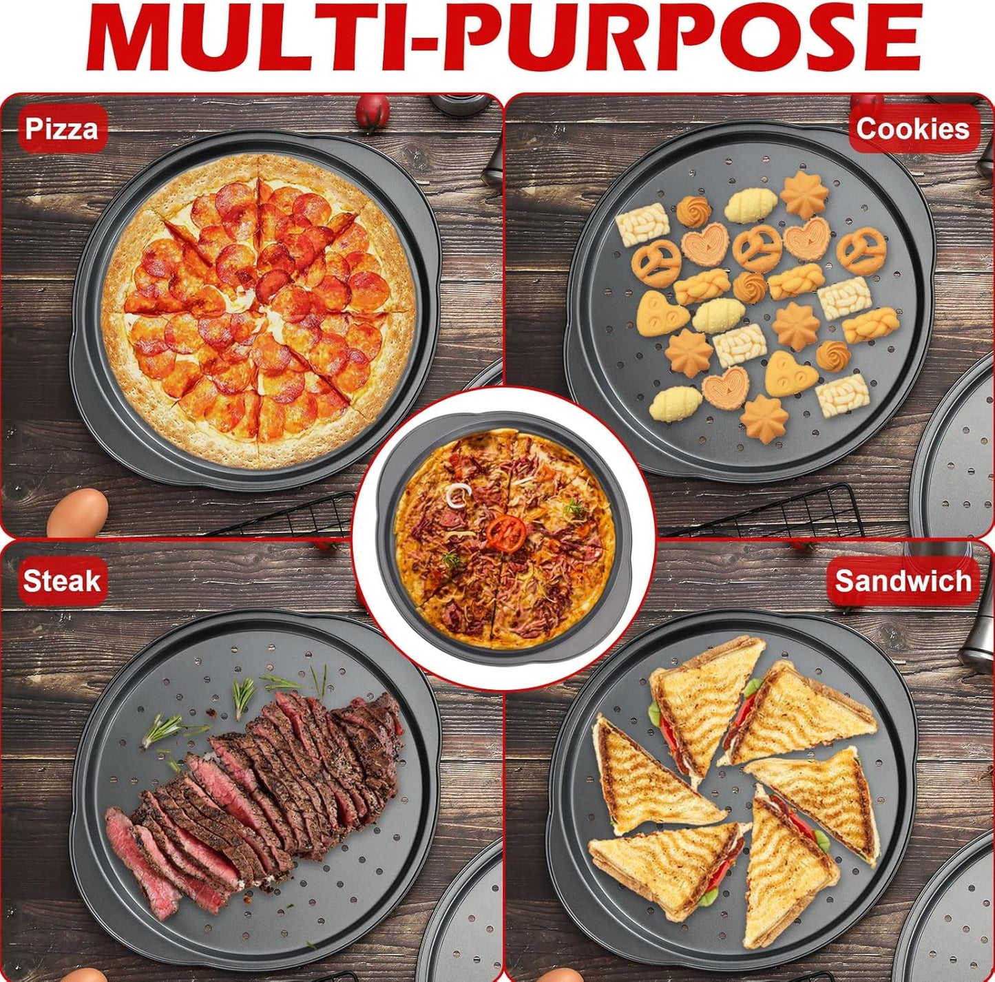 Pizza Pan for Oven - 13" Round Pizza Pans with Holes(2 Pack), Non-stick Carbon Steel Pizza Trays with Handle, Easy to Clean & Oven Safe