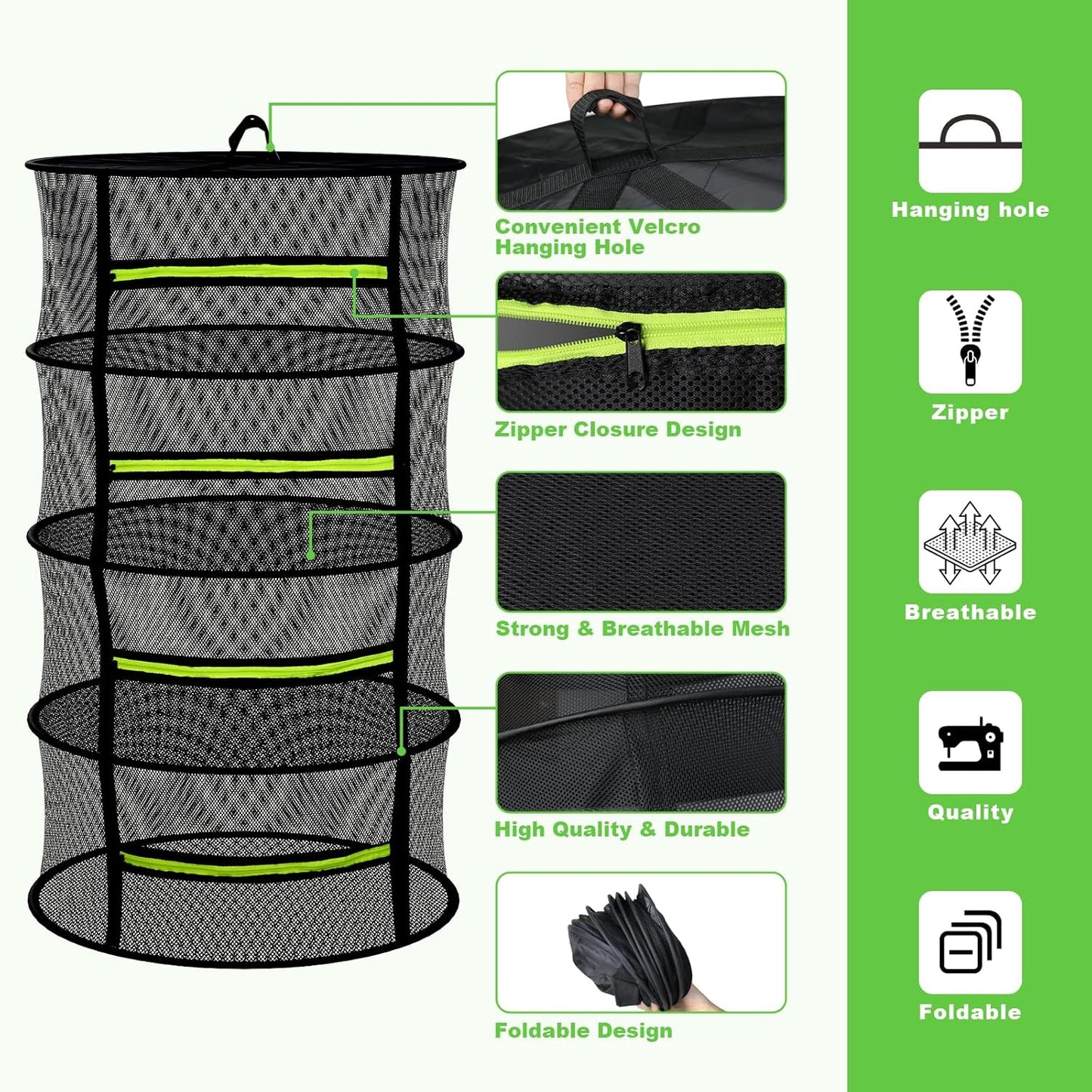 Herb Drying Rack with Mesh Design, Hanging Drying Rack with Green Zipper & Garden Pruning Shears – Versatile Plant Drying Solution (6 Layers)
