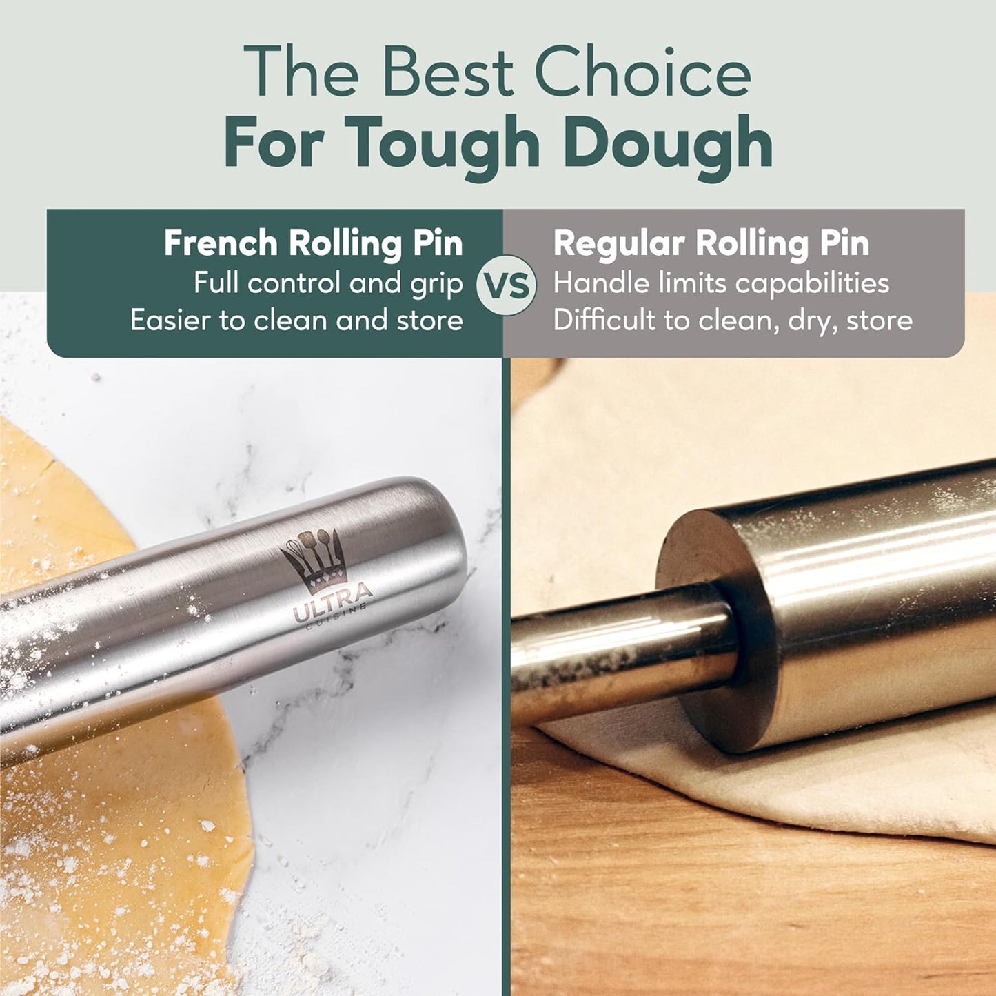 Ultra Cuisine French Rolling Pin for Baking – Use with Pizza, Cookie, and Pastry Dough, Fondant and Pie Crust – Tapered Design Bread Roller Pin, Stainless Steel 15.75-inch Large Roller Pin