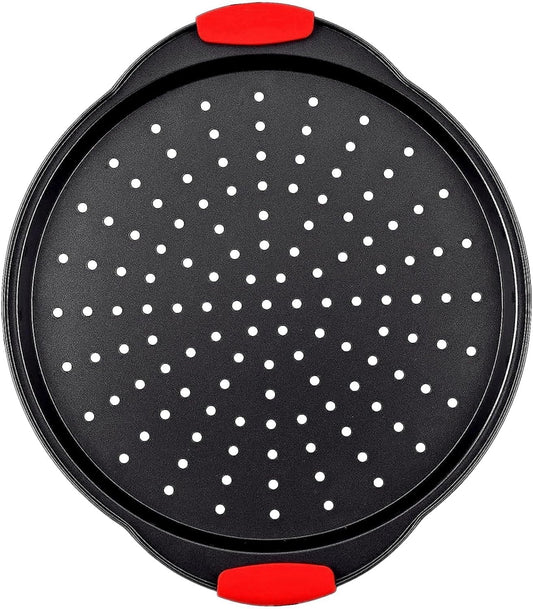 13 Inch Pizza Pan for Oven, Round Pizza Pan with Holes - Non-Stick Carbon Steel Pizza Tray with Silicone Handles - for Cooking, Baking, and Grilling - Dishwasher Safe