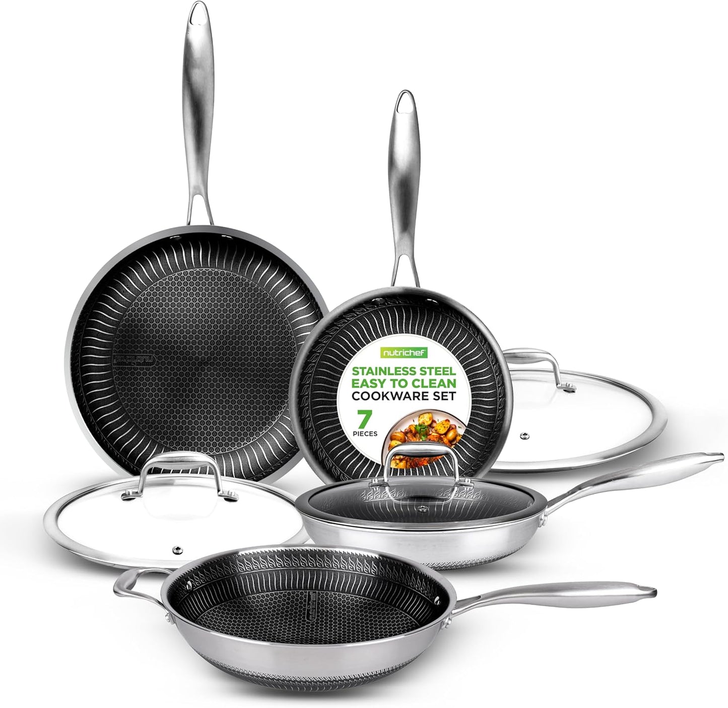 NutriChef 7-Piece Tri-Ply Stainless Steel Frying Pan Set & Wok – Nonstick, Induction Compatible, Oven Safe, Scratch-Resistant, Dishwasher Safe