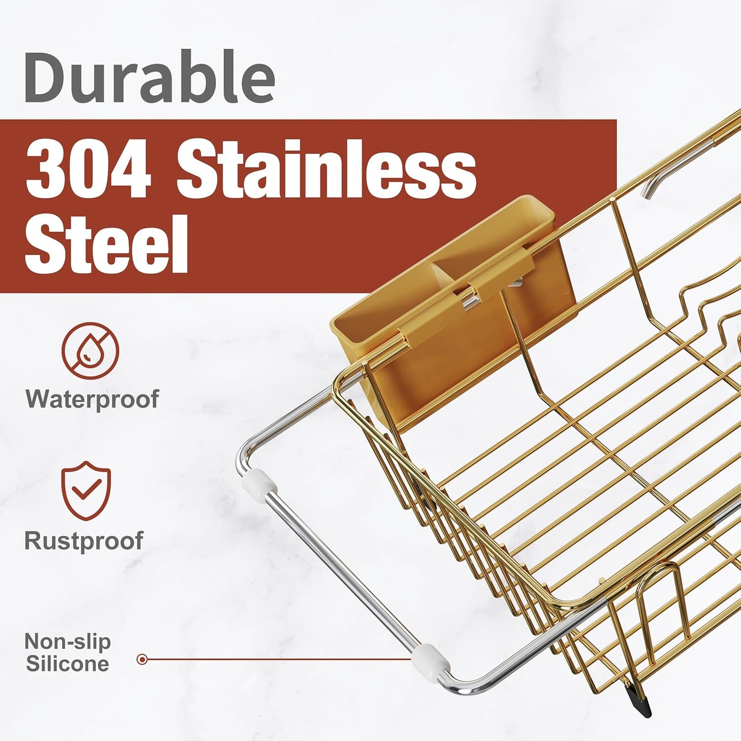 JASIWAY Sink Dish Drying Rack, Expandable Stainless Steel Dish Rack Over Sink, Kitchen Sink Drain Strainer with Cutlery Holder & Cup Holders, Space Saving Plates Dryer Rack, Gold